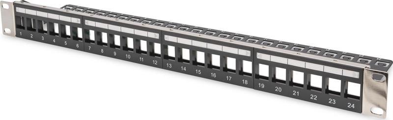 Modüler Patch Panel, zırhlı, 24-port boş, 1U, kabinete monte edilebilir, şeffaf etiket alanı