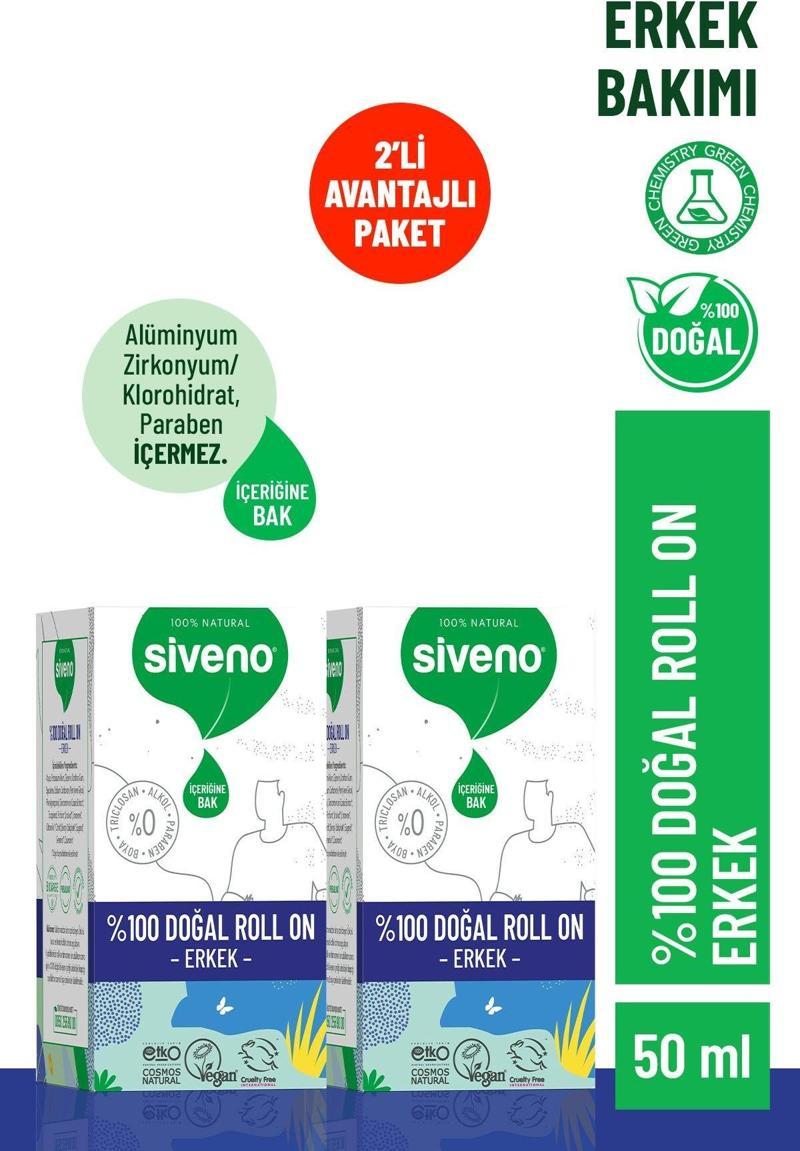 %100 Doğal Roll-On Erkek Deodorant Ter Kokusu Önleyici Bitkisel Leke Bırakmayan Vegan 50 ml X 2 Adet