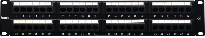 48 Port Cat6 UTP Patch Panel, 8P8C, Altın Kontak, LSA, 2U, zırhsız/unshielded, kablo tutuculu&l