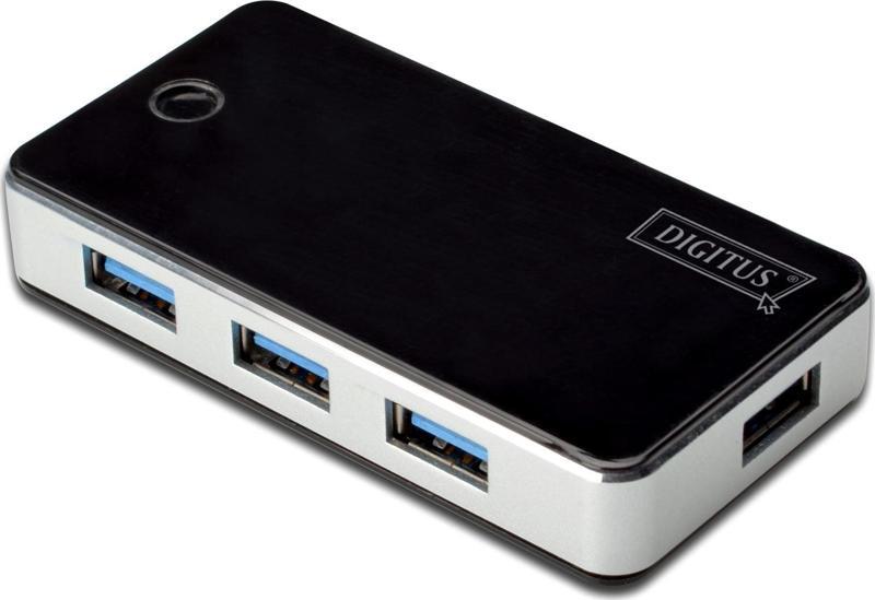 4 Port USB 3.0 Hub, siyah/gümüş renk, plastik, güç adaptörlü