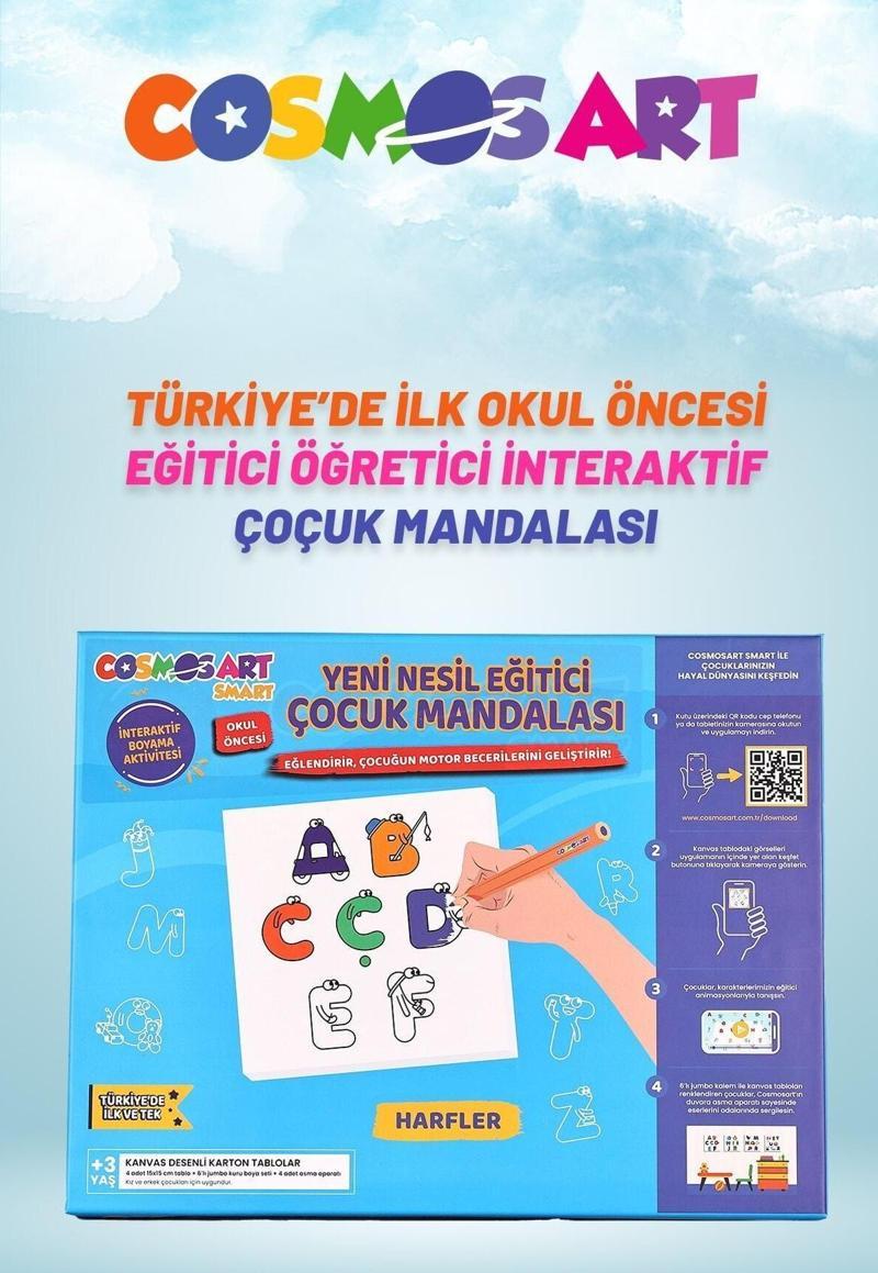 Çocuklar Için 4'lü 15*15 Cm Karton Kanvas Mandala - 6'lı Jumbo Kalem Hediyeli - Harfler