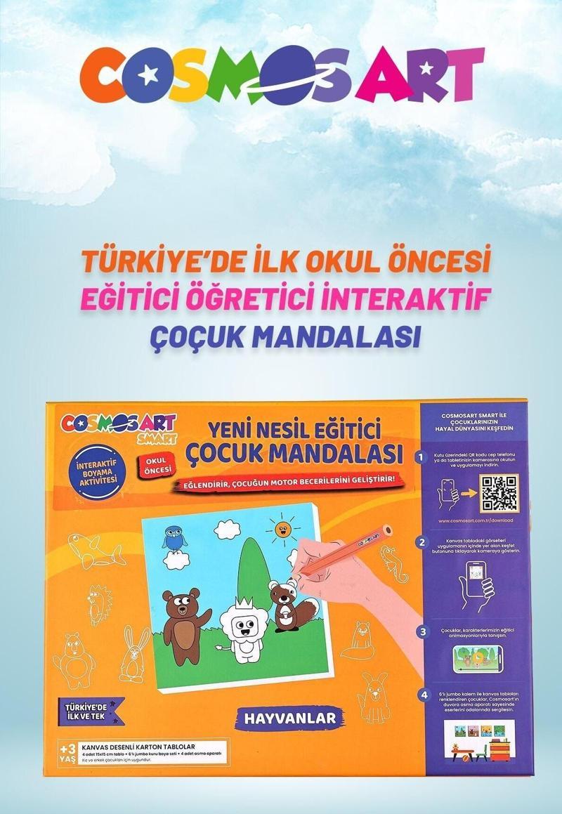 Çocuklar Için 4'lü 15*15 Cm Karton Kanvas Mandala - 6'lı Jumbo Kalem Hediyeli - Hayvanlar