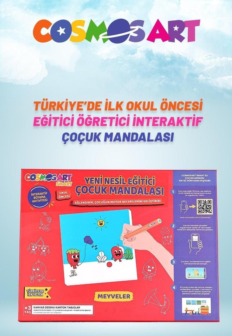 Çocuklar Için 4'lü 15*15 Cm Karton Kanvas Mandala - 6'lı Jumbo Kalem Hediyeli - Meyveler