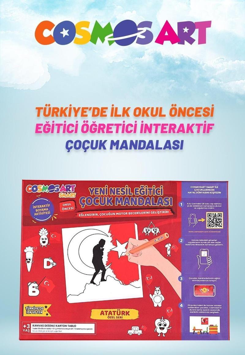 Çocuklar Için Tekli 30*30 Cm Karton Kanvas Mandala - 6'lı Jumbo Kalem Hediyeli - Atatürk Özel Seri