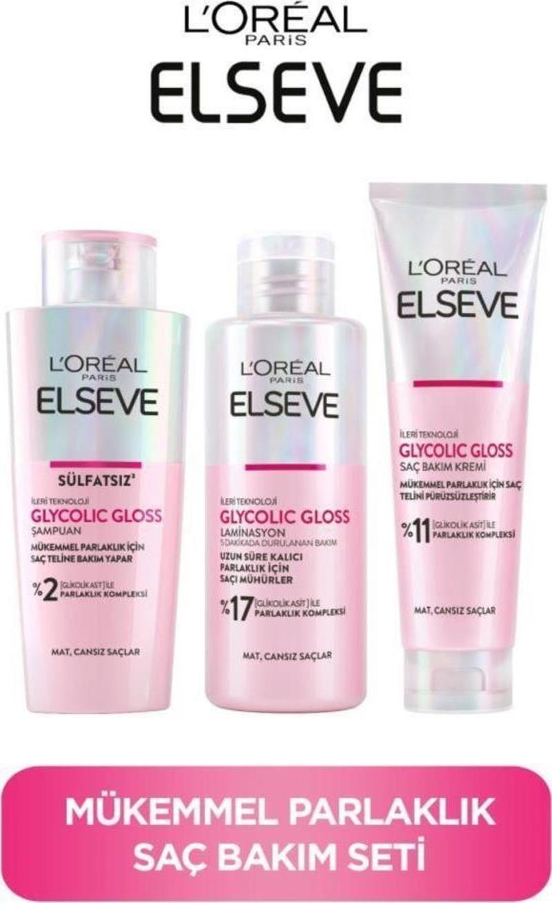 Glycolic Gloss Mükemmel Parlaklık Şampuan 200ml + Saç Kremi 150ml+ Laminasyon Bakım 200ml 3'lü Saç Bakım Seti