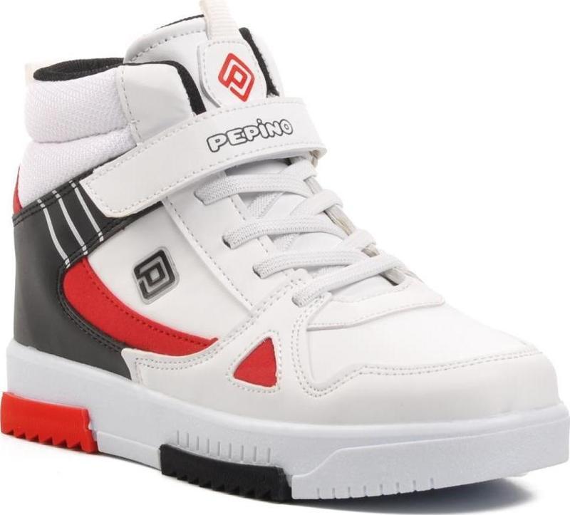 1563-F Beyaz-Siyah-Kırmızı Cırtlı Çocuk Hi Sneaker