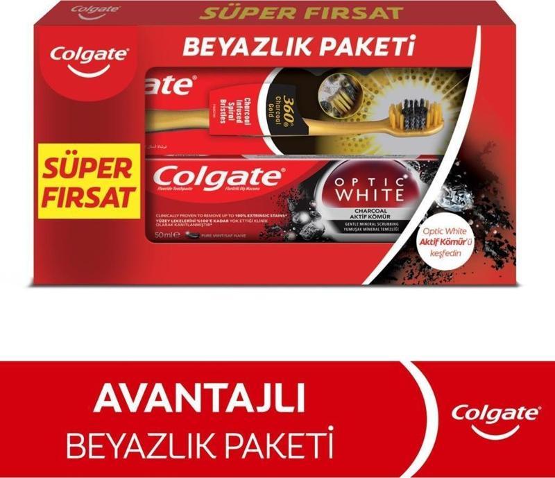 Optic White Aktif Kömür Beyazlatıcı Diş Macunu 50 ml + 360 Gold Yumuşak Diş Fırçası