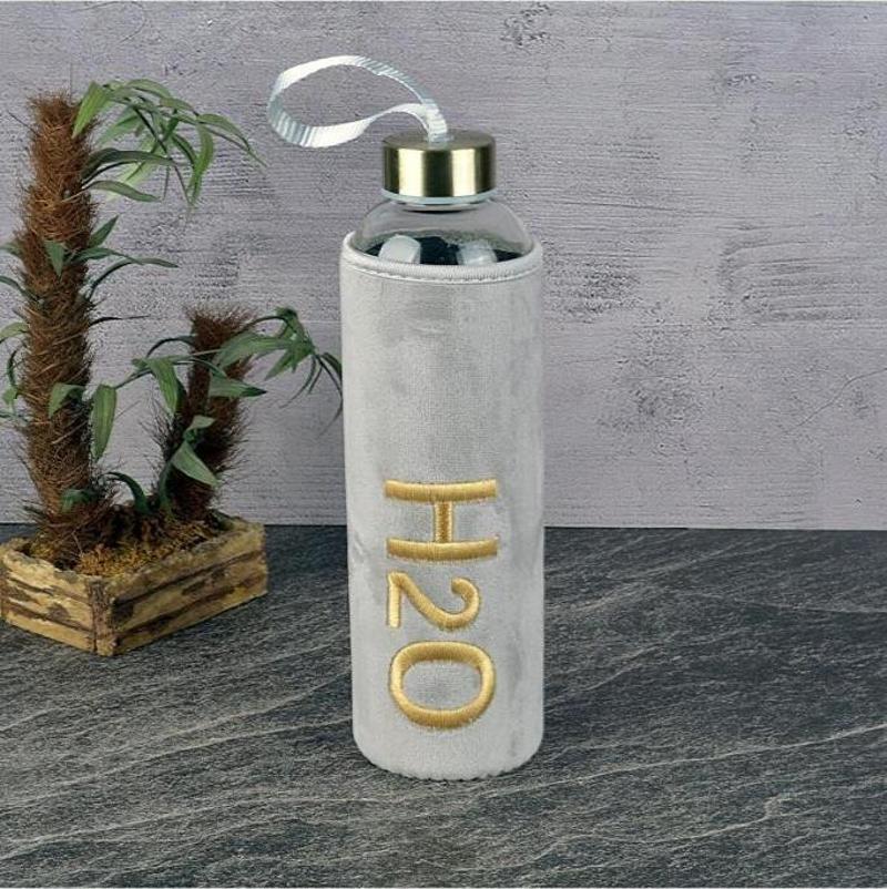 H2O Peluş Kılıflı Cam Matara 600 ml Gold-Gri H2O88610