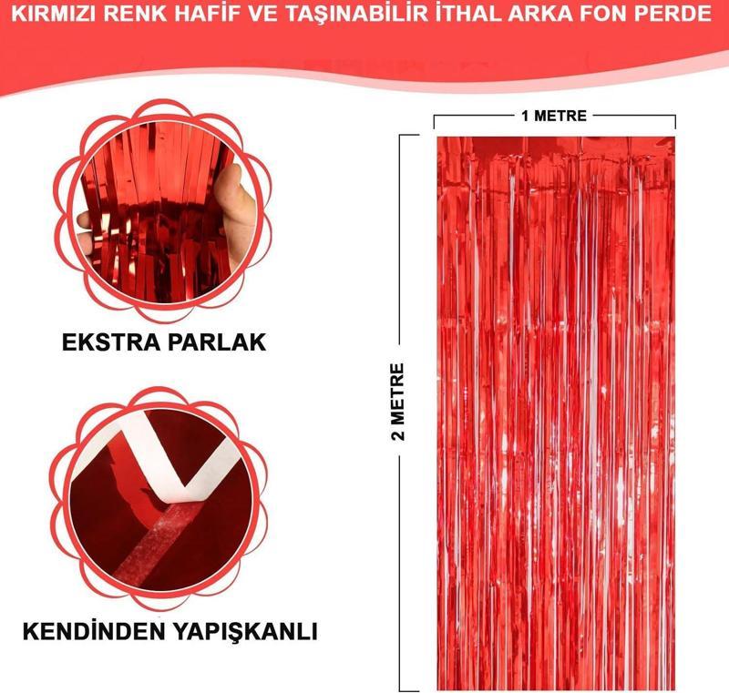 Kırmızı Renk Ekstra Metalize Parlak Saçaklı Arka Fon Perde İthal A Kalite 1x2 Metre