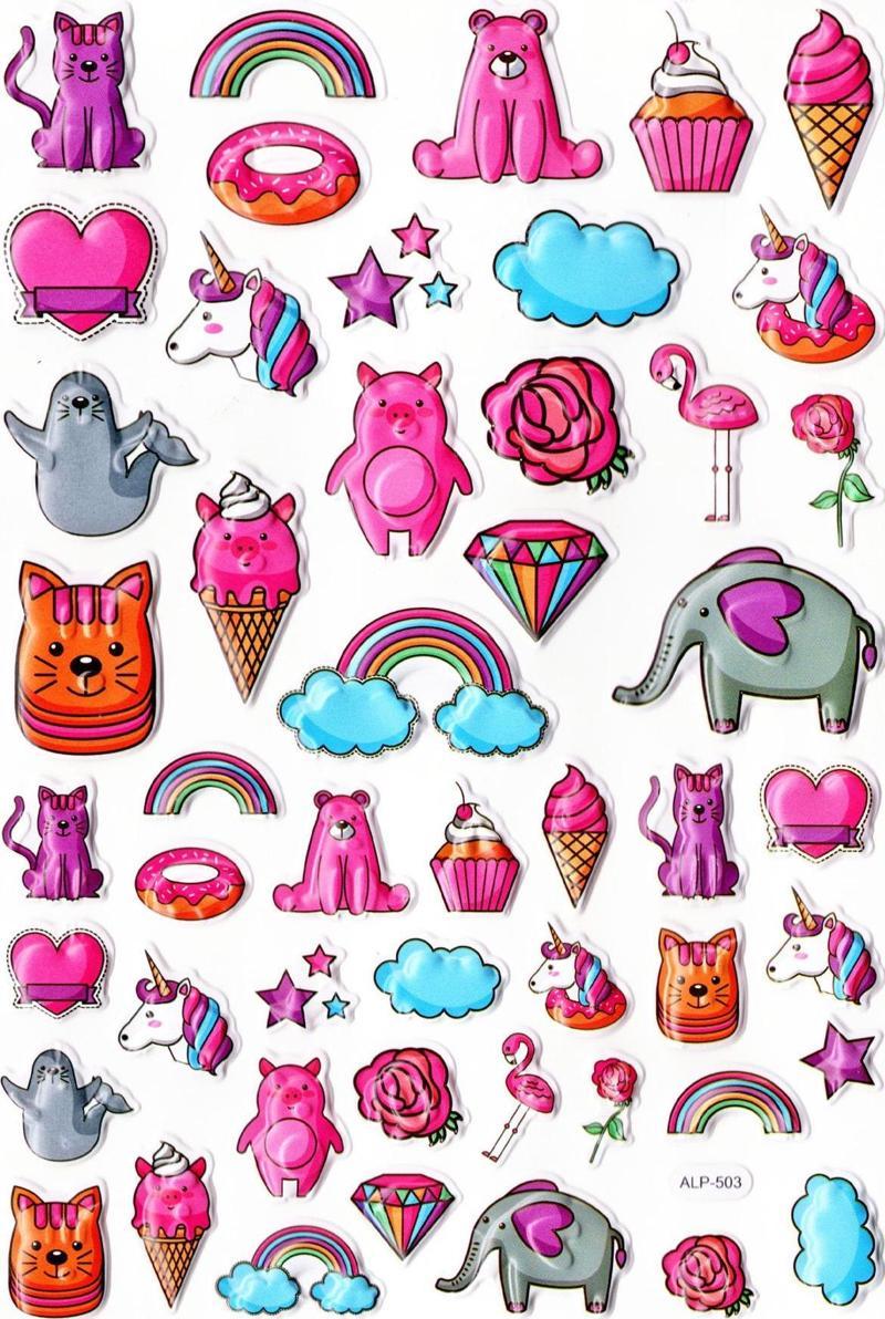 Sticker Kabartmalı A4 Boyutunda Stiker Defter, Planlayıcı Etiket-(lim503) - Pembe Temalı Unicorn Dondurma