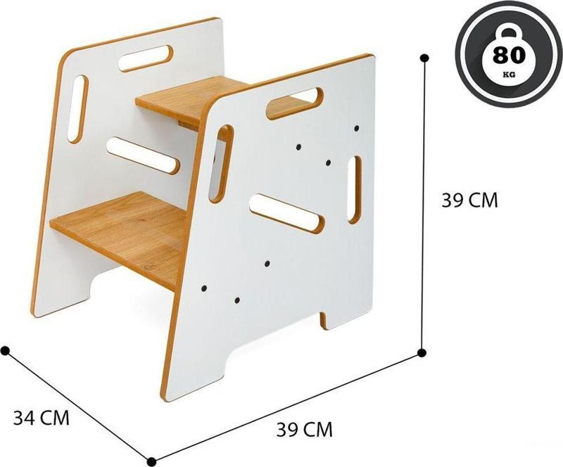 Çocuk / Yetişkin Montessori Ahşap Basamak, Yükseltici, Tabure / Beyaz + Naturel