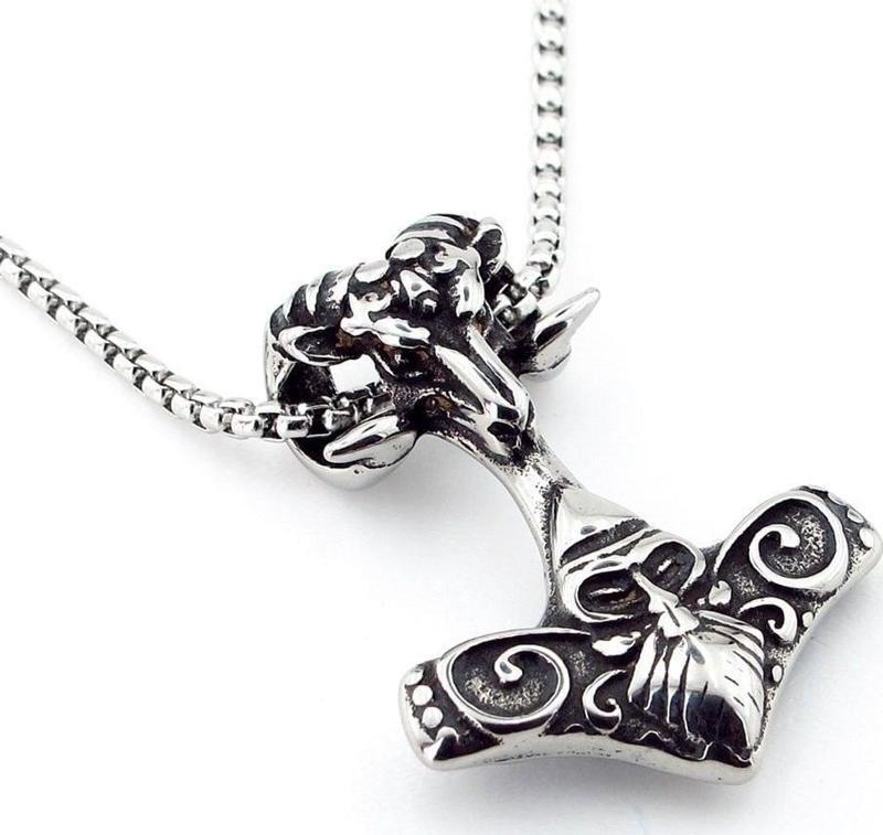 Viking Odin Koçbaşı İskandinav Mjolnir 316L Paslanmaz Çelik Erkek Kolye Q0819