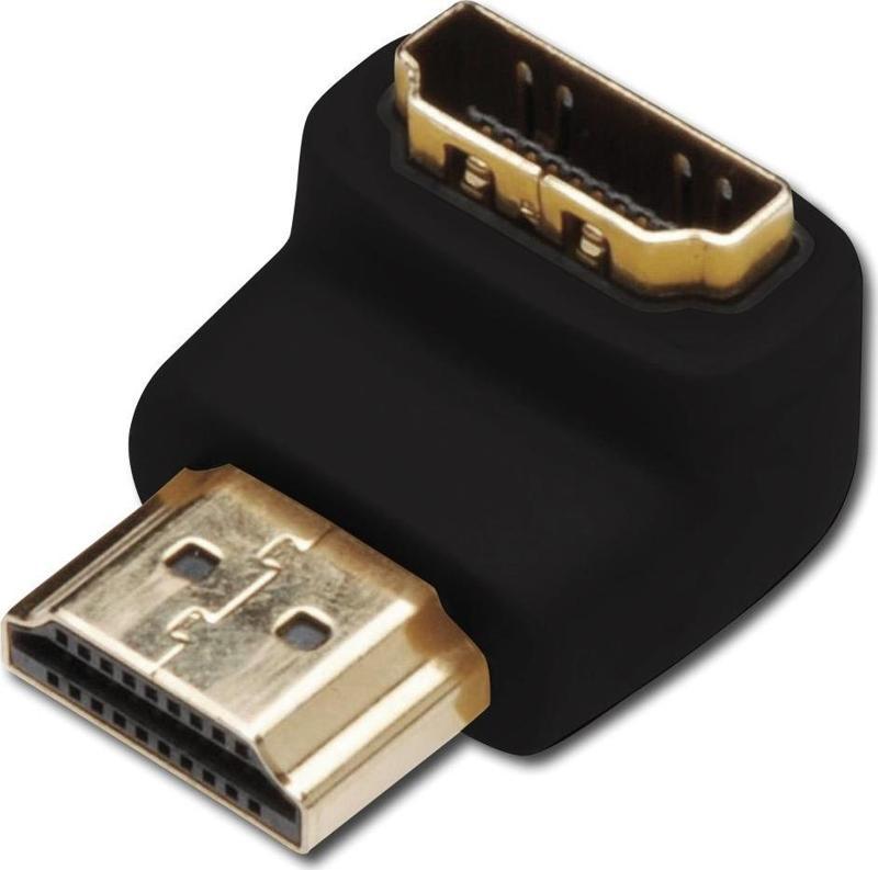 HDMI Adaptör, HDMI A erkek - HDMI A dişi, 90 derece açılı, siyah renk, altın kaplama