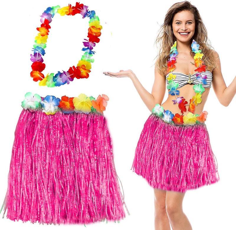 Hawaii Luau Aloha Pembe Püsküllü 40 cm Etek ve Hawaii Kolye Seti