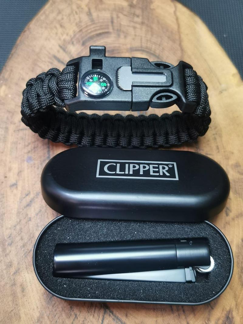 Clipper Çakmak ve Paracord Pusula Düdük Bileklik Seti