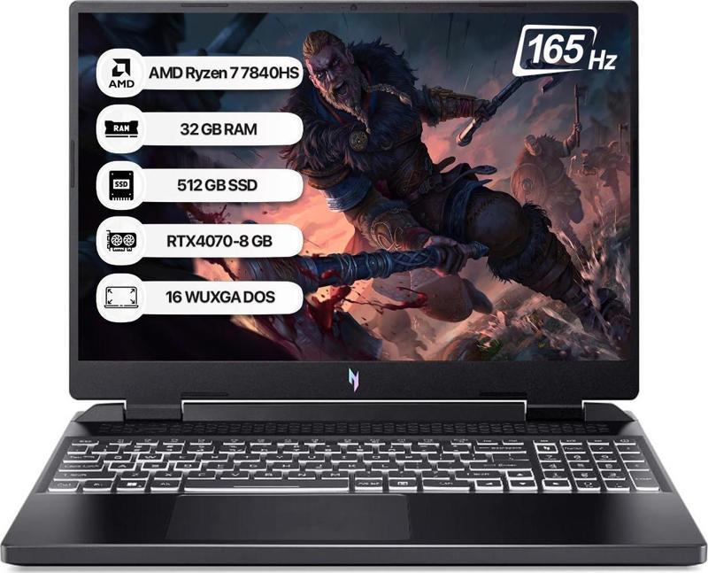 Nitro 16 AN16-41 R7 7840HS 32GB 512GB SSD Rtx 4070-8 GB Dos 16" WQXGA 165Hz Taşınabilir Bilgisayar NH.QLJEY.003-32