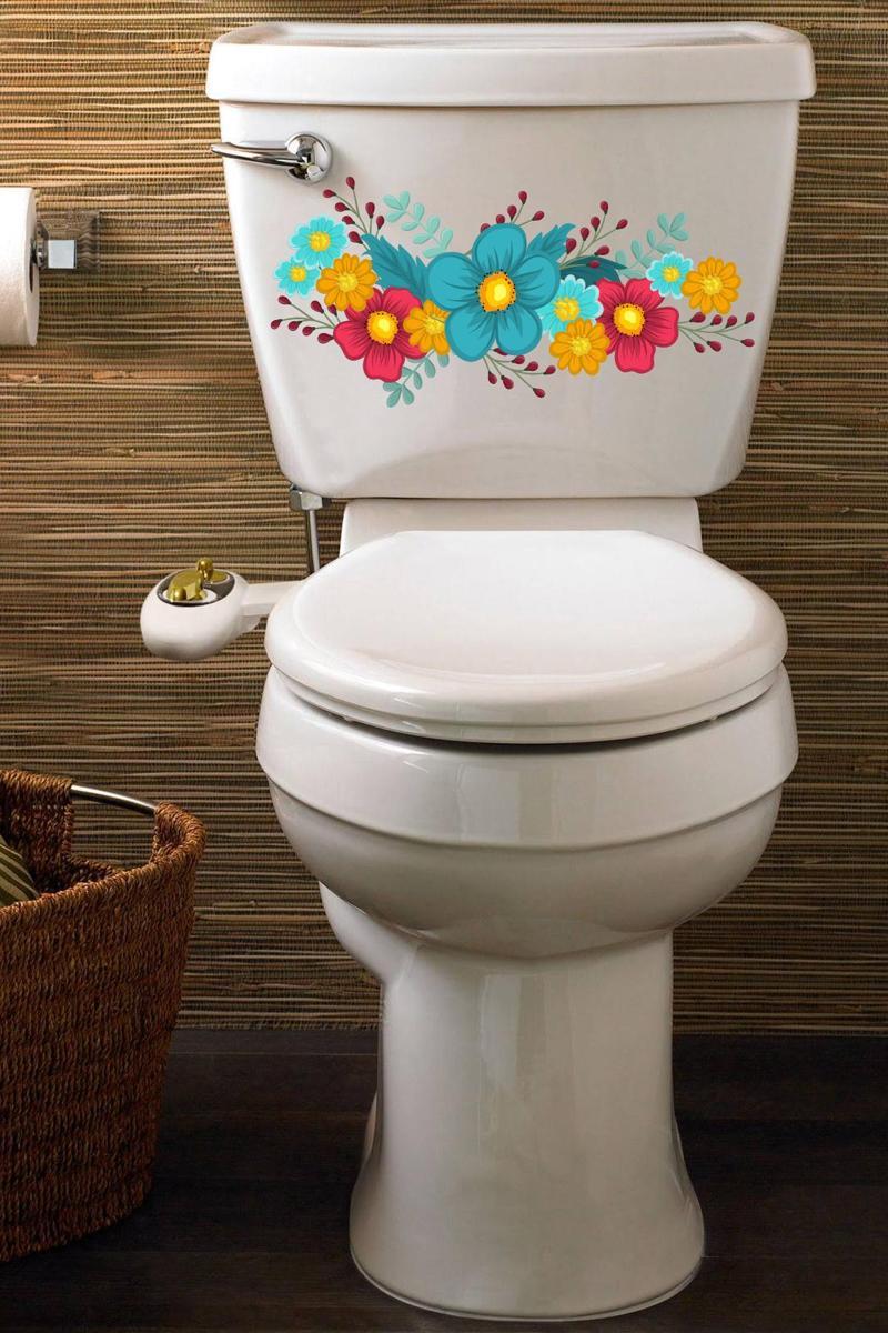 Sarı Kırmızı Turkuaz Çüçekler Klozet Sticker Banyo Sticker