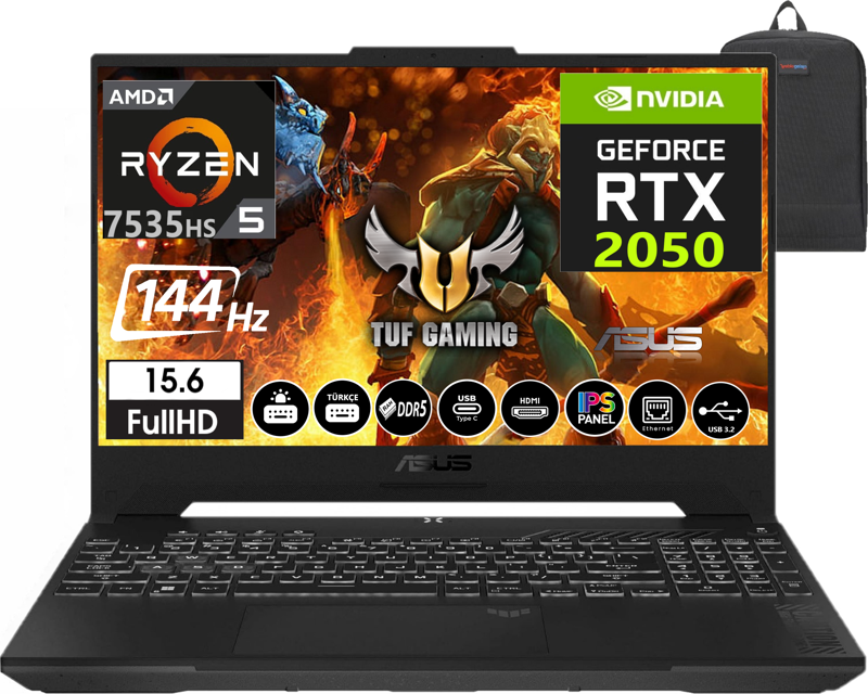 Tuf Gamıng A15 Amd Ryzen 5 7535HS 32GB Ddr5 Ram 512GB SSD RTX2050-144Hz Freedos 15.6" Fhd Taşınabilir Bilgisayar FA506NF-HN05005 + Weblegelsin Çanta