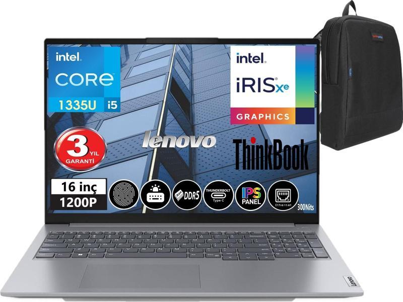 Thinkbook 16 Gen6 Irl Intel I5 1335U 16GB Ddr5 Ram 512GB SSD 16" Wuxga (1920X1200) WINDOWS11PRO Taşınabilir Bilgisayar TB21KH001ETR19 + Weblegelsin Çanta