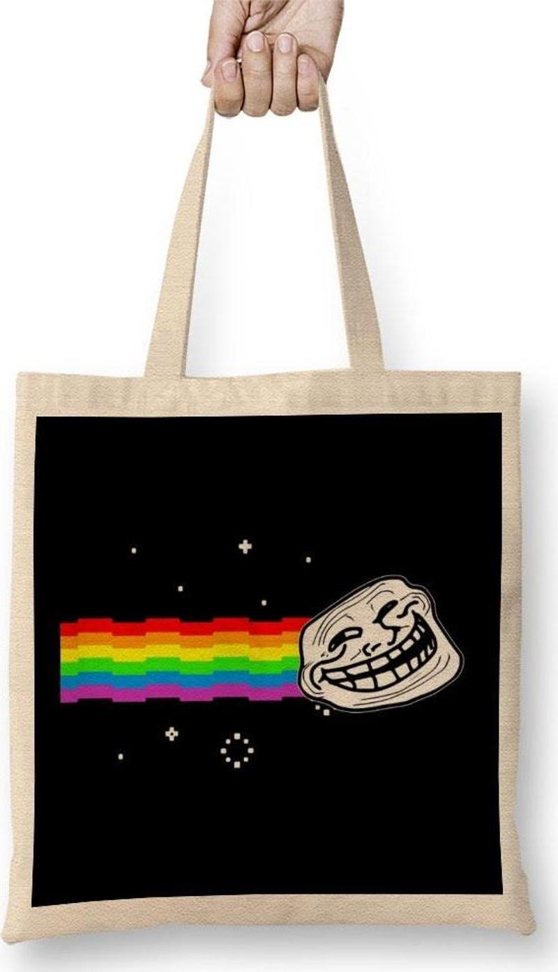 Troll Face Nyan Cat Meme Bez Çanta Uzun Saplı