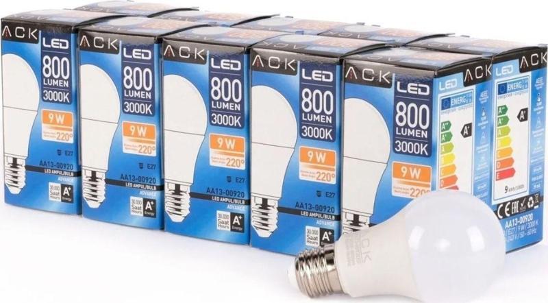 Led Ampul 800 LUMEN 3000 K 9W E27 Gün Işığı x 10 Adet