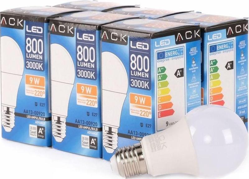 Led Ampul 800 LUMEN 3000 K 9W E27 Gün Işığı x 6 Adet