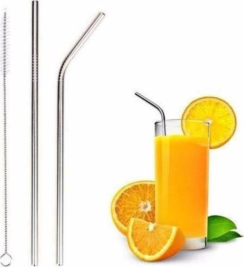 2 Adet Çelik Pipet ve Temizleme Fırçası 3 Parça Çelik Pipet Seti  Düz Pipet Eğik Pipet Ve Temizleme Fırçası 3'lü Set