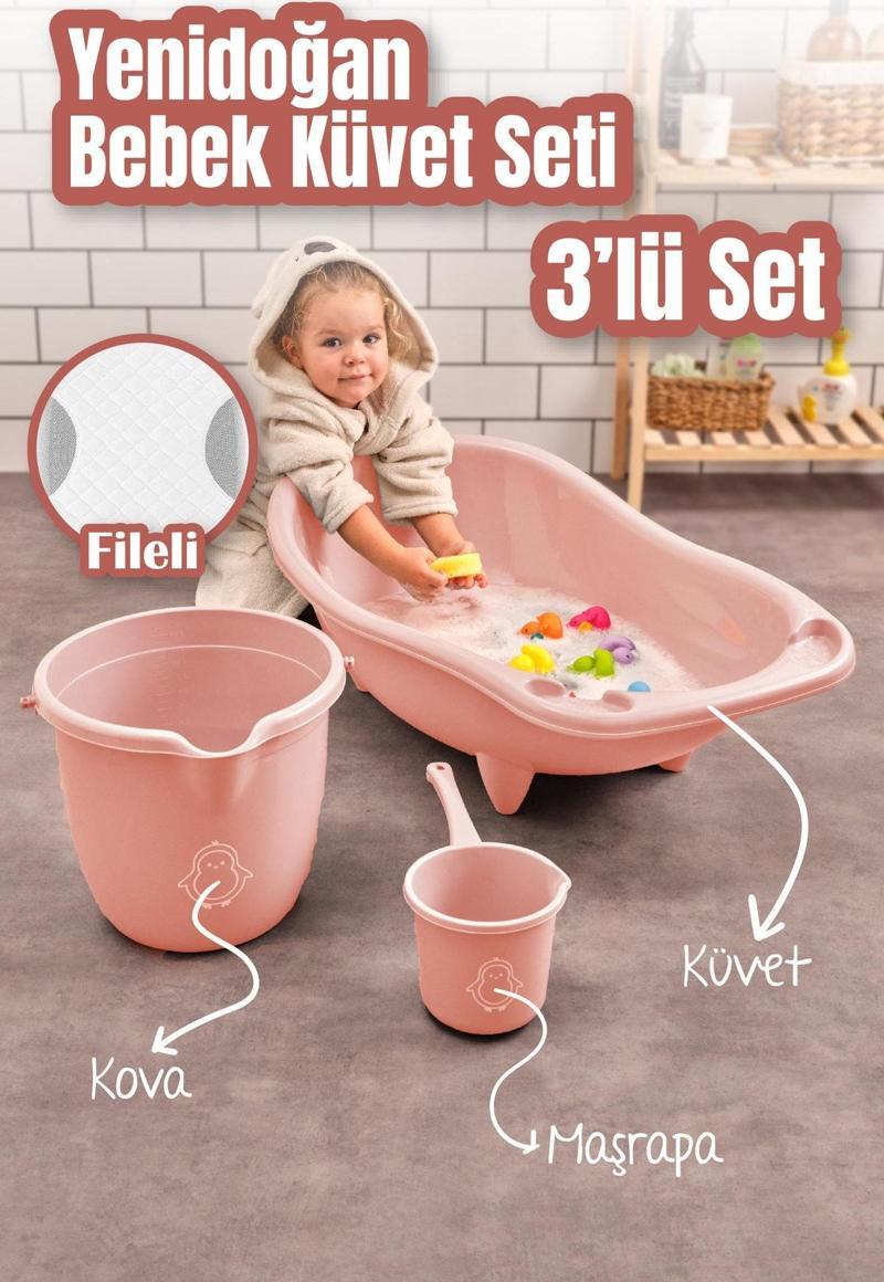 3lü Set Fileli Yenidoğan Küvet Seti Pembe