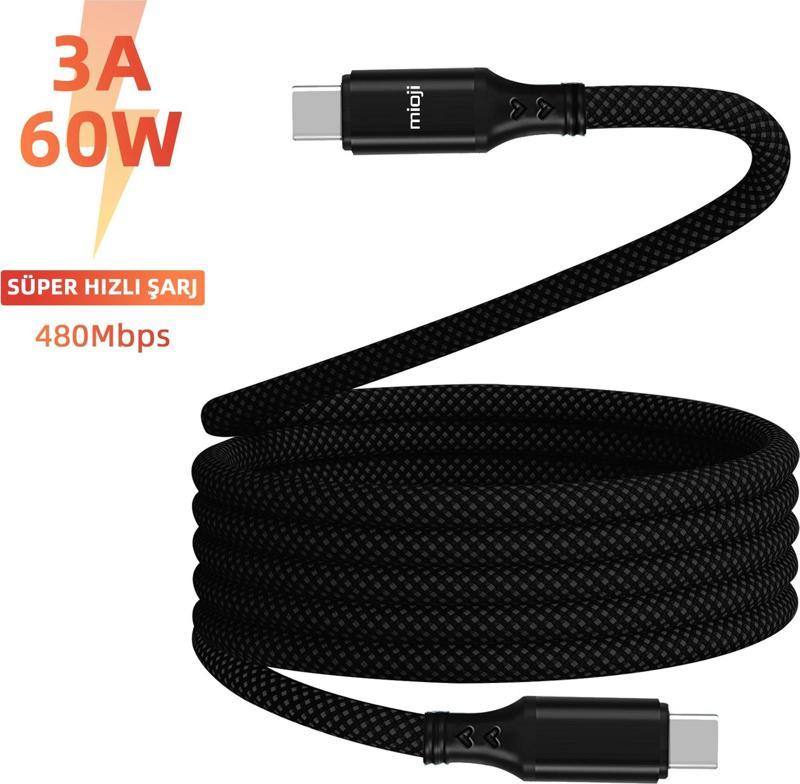 Mio SC1000 USB-C To USB-C 60W Mıknatıslı Spiral Şarj ve Data Kablosu 1m - Siyah