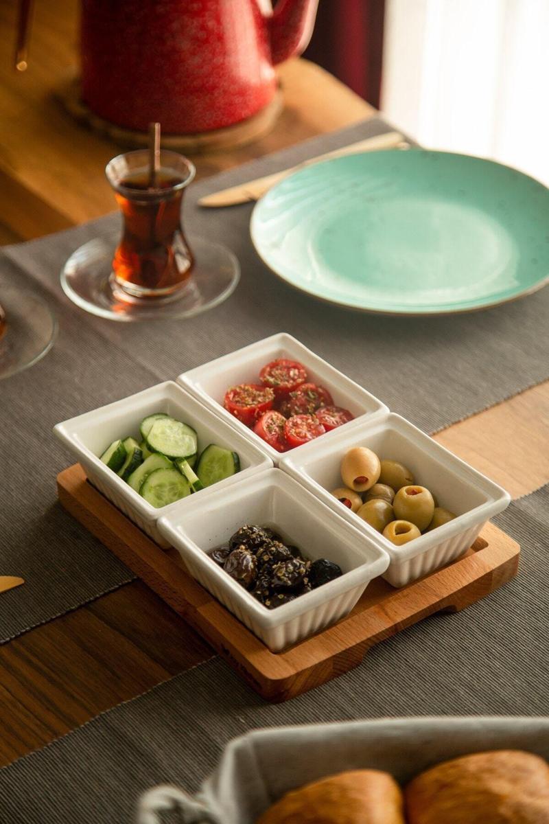 Ahşap Tepsili Seramik 4'lı Kahvaltı Seti Ahşap Kapak Kahvaltılık 