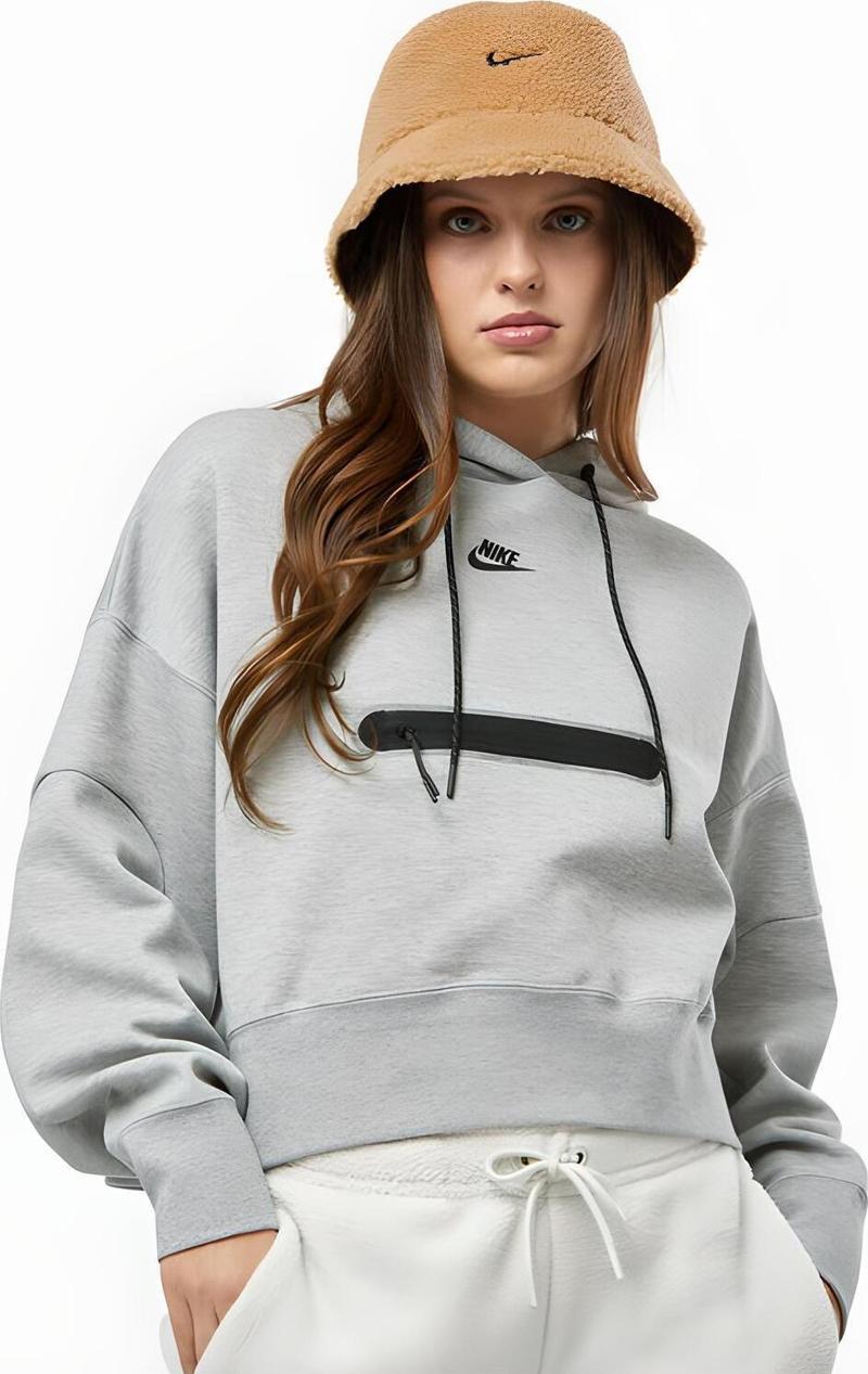 Sportswear Tech Fleece Kadın Kapüşonlu Gri Hoodie geniş kesim sweatshirt