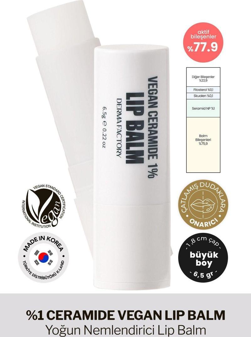 %1 Seramid İçeren Büyük Boy Yoğun Nemlendirici Dudak Balmı Derma Factory Vegan Ceramide Lip Balm