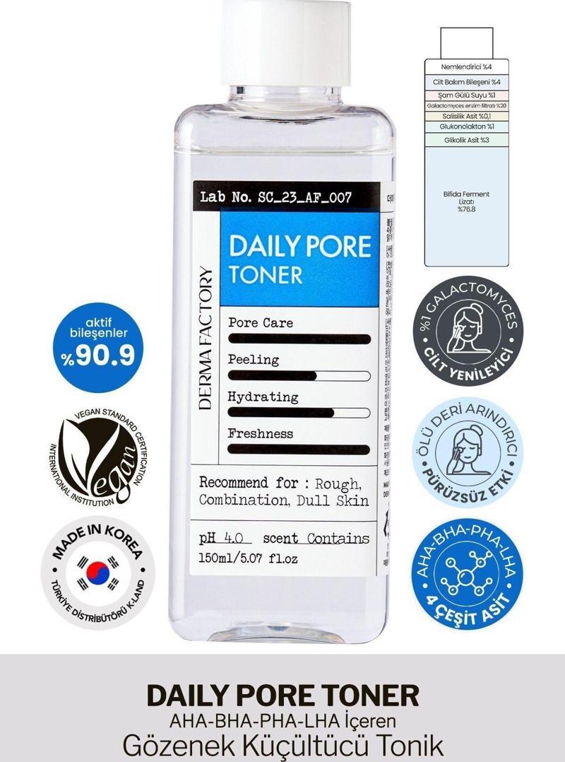 AHA-BHA-PHA-LHA İçeren Gözenek Küçültücü Tonik Derma Factory Daily Pore Toner 150ml