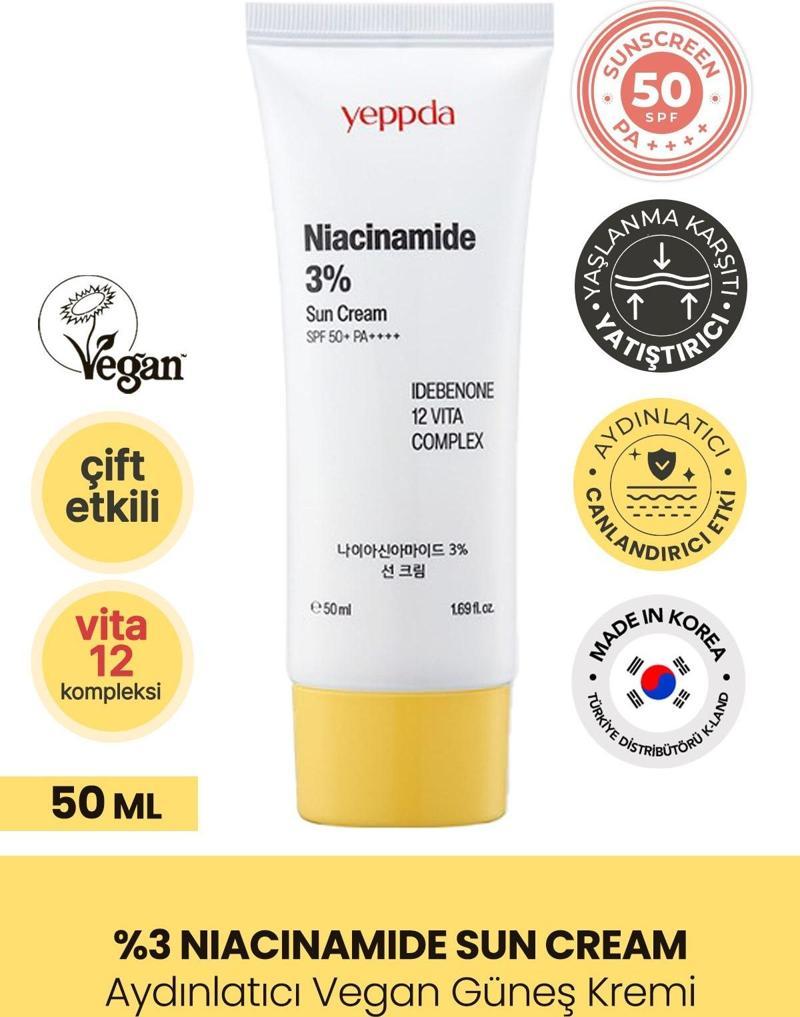 %3 Niacinamide İçeren Aydınlatıcı Vegan Güneş Kremi Yeppda Niacinamide Sun Cream SPF50+ PA++++ 50ml