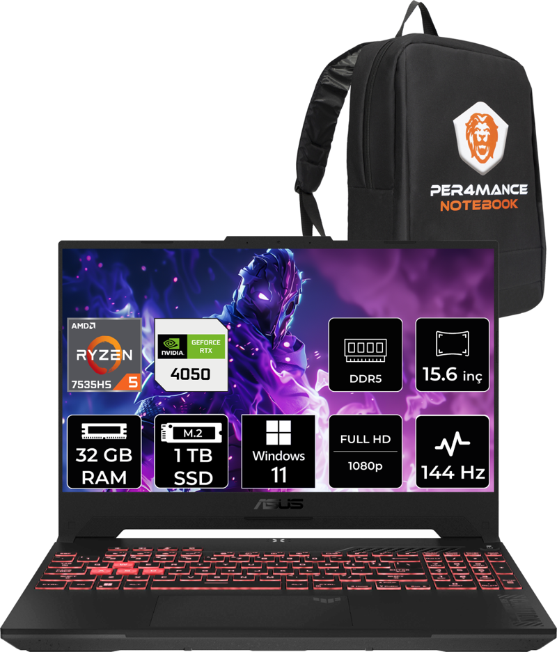 Tuf Gaming R5 7535Hs 32Gb 1Tb Ssd 4050/6Gb 140W 15.6'' Fhd W11H Lp158 & Per4 Çanta