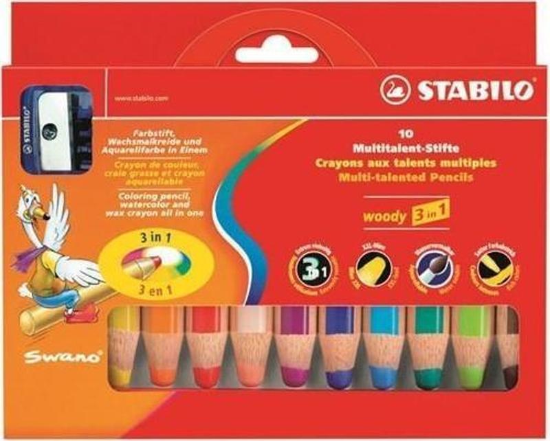 Woody Boya Kalemi 3 İn 1 10 Renk + 1 Kalemtıraş Karton Kutu