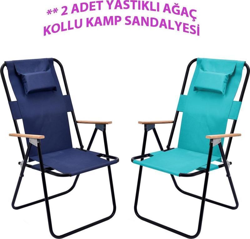 2' li Yastıklı yüksek sırtlı katlanır büyük boy kamp piknik sandalyesi, ağaç kollu-LACİVERT VE TURKUAZ