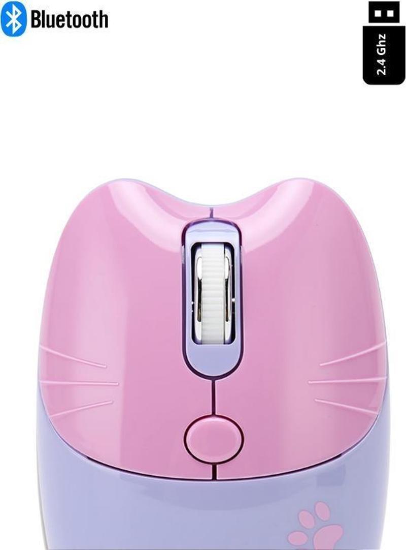 Sevimli Kedi Kablosuz Mor Mouse Bluetooth + 2.4G Dual Mode