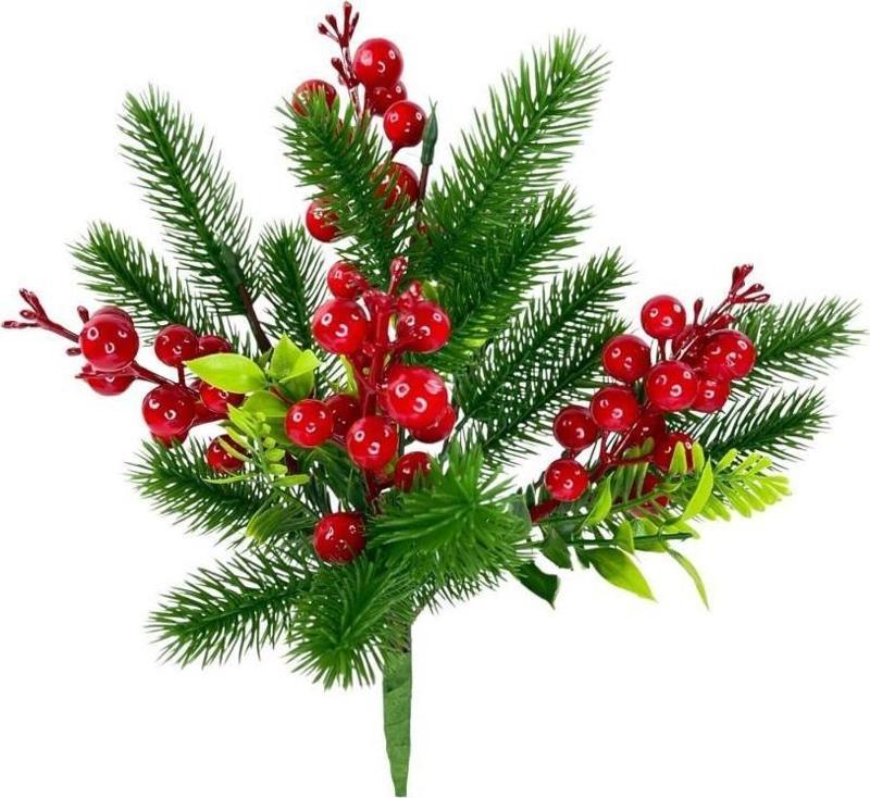 Yapay Çiçek Çam Dallı Kokina 9 Dal lı Demet 25*30cm Yılbaşı Çiçeği Red Berry