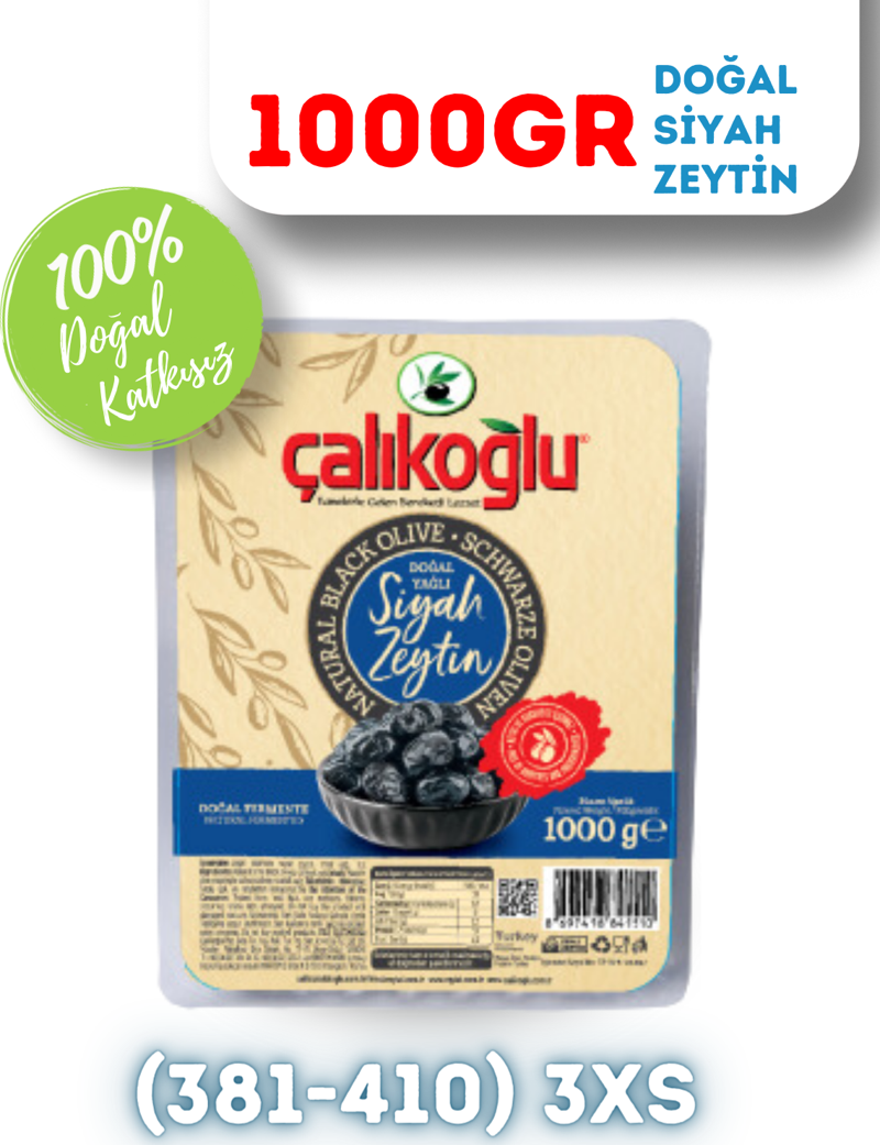 Doğal Gemlik Siyah Zeytin 1000 gr (381-410) 3XS