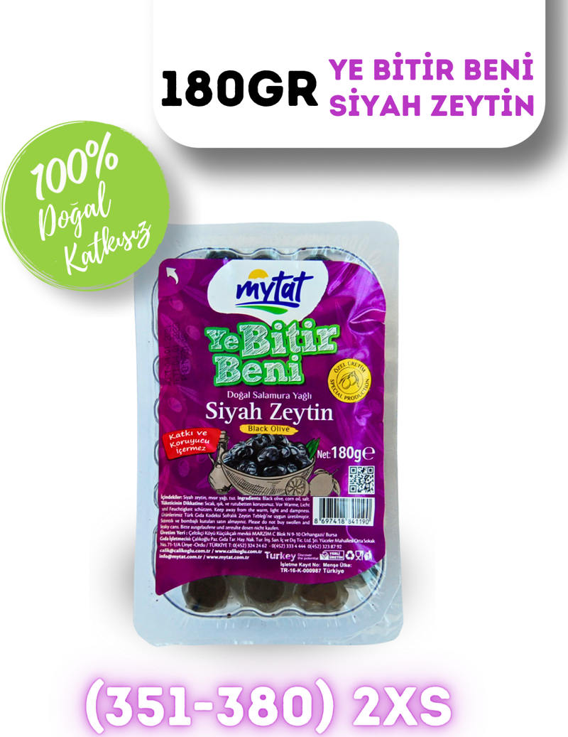 Doğal Gemlik Siyah Zeytin / Ye Bitir Beni 180 gr (351-380) 2XS