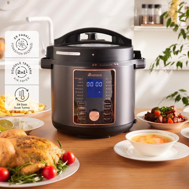 Cooker 2 in 1 6L Çok Amaçlı Basınçlı Pişirici Akıllı Elektrikli Düdüklü Tencere ve Airfryer Matt Black