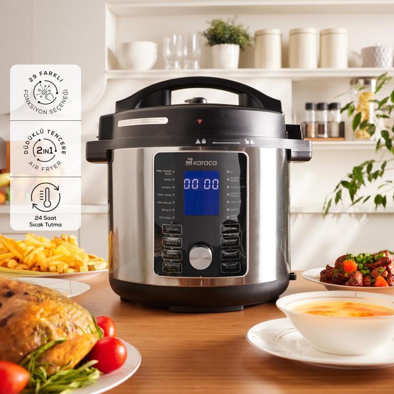 Cooker 2 in 1 6L Çok Amaçlı Basınçlı Pişirici Akıllı Elektrikli Düdüklü Tencere ve Airfryer Silver