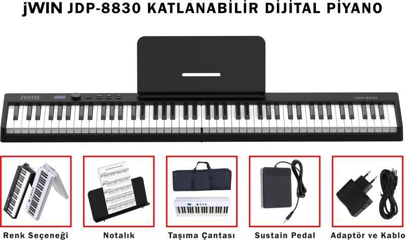 Jdp-8830 88 Tuş Katlanabilir Bluetooth + Şarjlı Piyano Siyah Kılıf Sustain Peda Nota Sehpası Adaptör