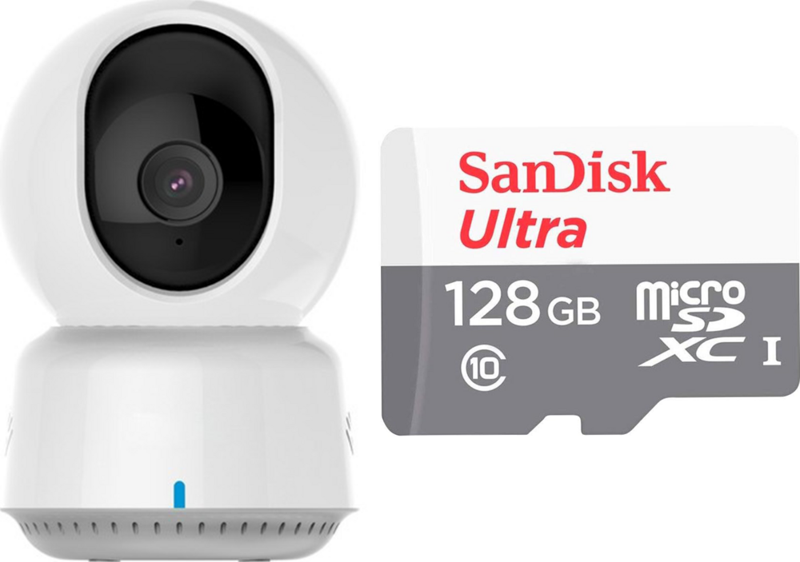 E1 Kablosuz İç Mekan Wi-Fi IP 2K Kamera  (Apple Home Destekli) + Sandisk Ultra 128GB 100mb/s