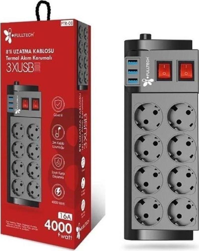 Termal Akım Korumalı 8 Li Uzatma Kablosu  3XUsb 2 Mt 16 Amper FTR-08