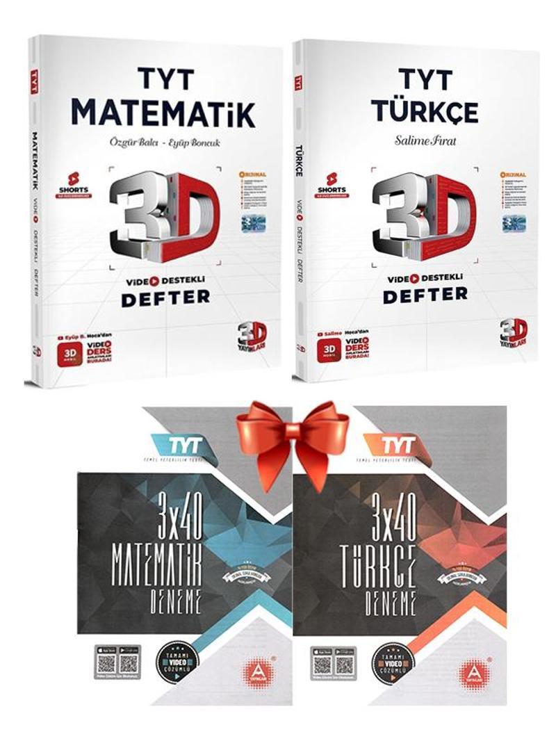 A Yayınları 3x40 Türkçe Matematik Deneme ve 3D Türkçe Matematik Video Destekli Defter 4 lü Set 