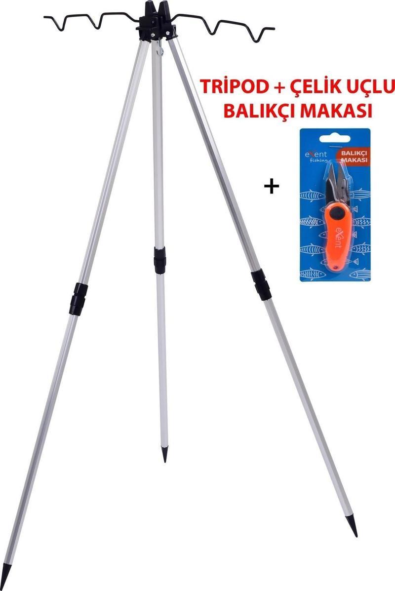 Makas + 3 Ayaklı Alüminyum Teleskopik, katlanabilir hafif kamış ve olta dayama Sehpası (Tripod)