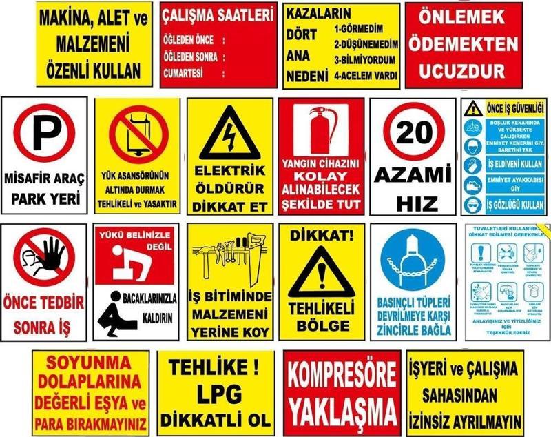 Atölye Fabrika İşyeri İş Güvenliği Uyarı Levhası -20 adet Pvc Levha  