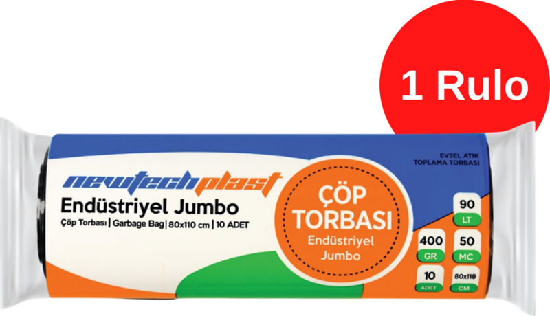 Endüstriyel Jumbo Boy Çöp Torbası, Siyah, 80 x 110 cm., 400 gr., 1 Rulo